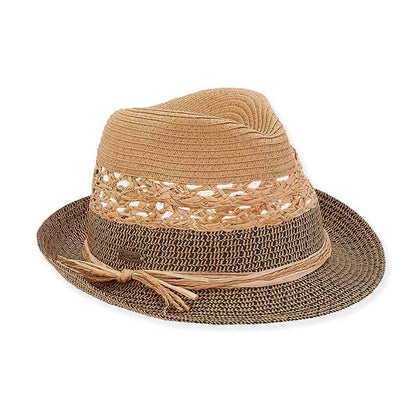 Vented Crown Straw Fedora with Raffia Tie - Sun 'N' Sand Hats Fedora Hat Sun N Sand Hats HH2706B Tan Medium (57 cm)
