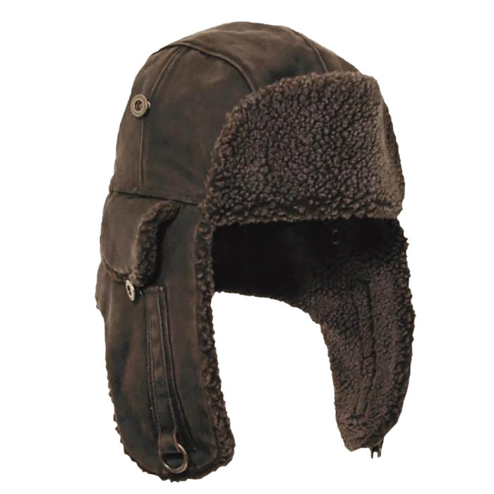 Weathered Cotton Pilot Hat with Berber Lining - DPC Hats Trapper Hat Dorfman Hat Co. MW119-BRN Brown Medium
