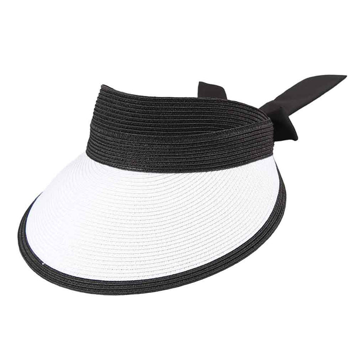 Wide Band Large Straw Visor Hat with Long Bow - Jeanne Simmons Visor Cap Jeanne Simmons Accessories JS6017WH White OS