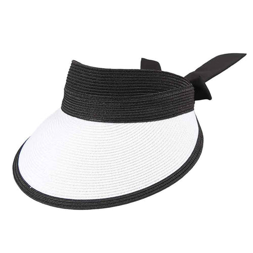 Wide Band Large Straw Visor Hat with Long Bow - Jeanne Simmons Visor Cap Jeanne Simmons Accessories JS6017WH White OS