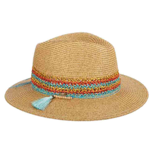 Wide Brim Fedora Hat with Multi Color Band - Scala Women's Hats Safari Hat Scala Hats LP268 Natural OS (57 cm)