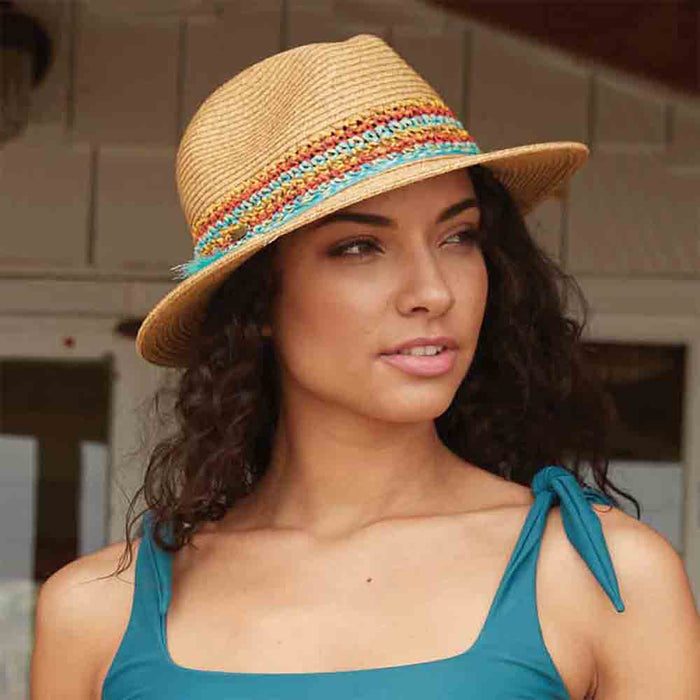 Wide Brim Fedora Hat with Multi Color Band - Scala Women's Hats Safari Hat Scala Hats