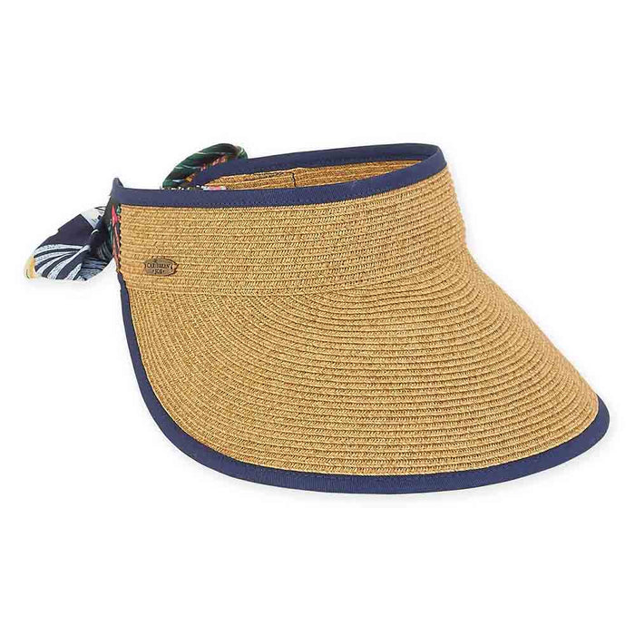 Wide Brim Sun Visor with Tropical Print Bow - Caribbean Joe Hats Visor Cap Caribbean Joe HCJ250 Natural