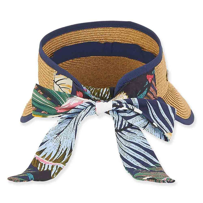 Wide Brim Sun Visor with Tropical Print Bow - Caribbean Joe Hats Visor Cap Caribbean Joe