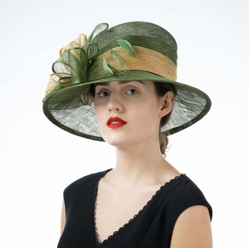 Wide Downturned Brim Green and Gold Sinamay Dress Hat - KaKyCO Dress Hat KaKyCO 11904616383 Green / Gold M/L (58 cm)