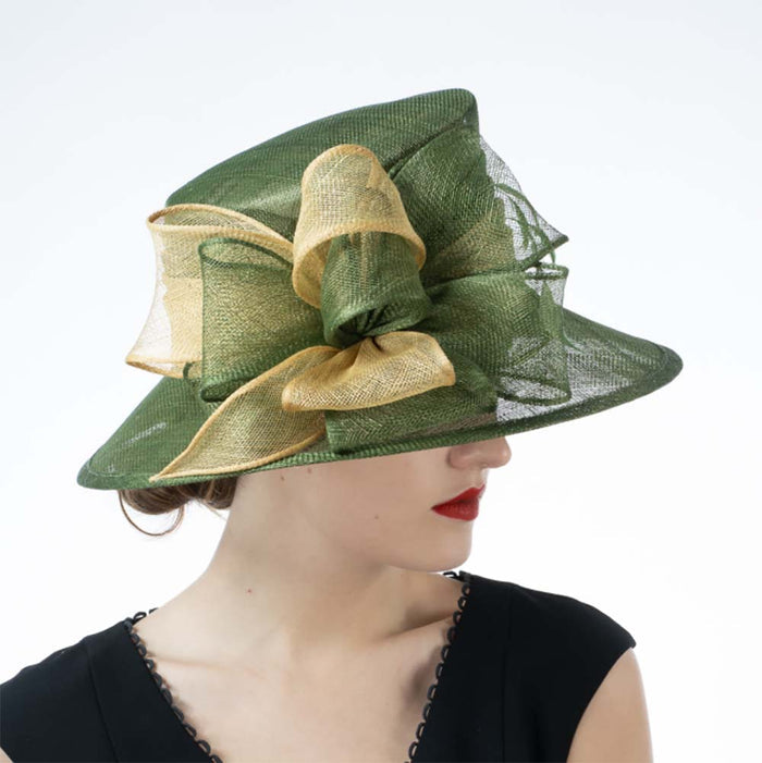 Wide Downturned Brim Green and Gold Sinamay Dress Hat - KaKyCO Dress Hat KaKyCO