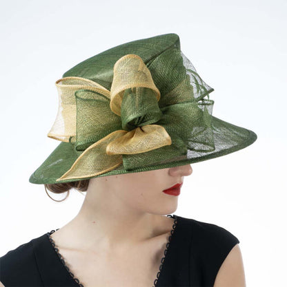 Wide Downturned Brim Green and Gold Sinamay Dress Hat - KaKyCO Dress Hat KaKyCO
