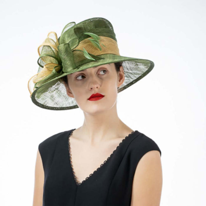 Wide Downturned Brim Green and Gold Sinamay Dress Hat - KaKyCO Dress Hat KaKyCO