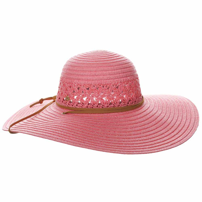 Women's Straw Beach Hat with Chin Cord - Cappelli Straworld Wide Brim Sun Hat Dorfman Hat Co. CSW418-FC Fuchsia OS (57 cm)