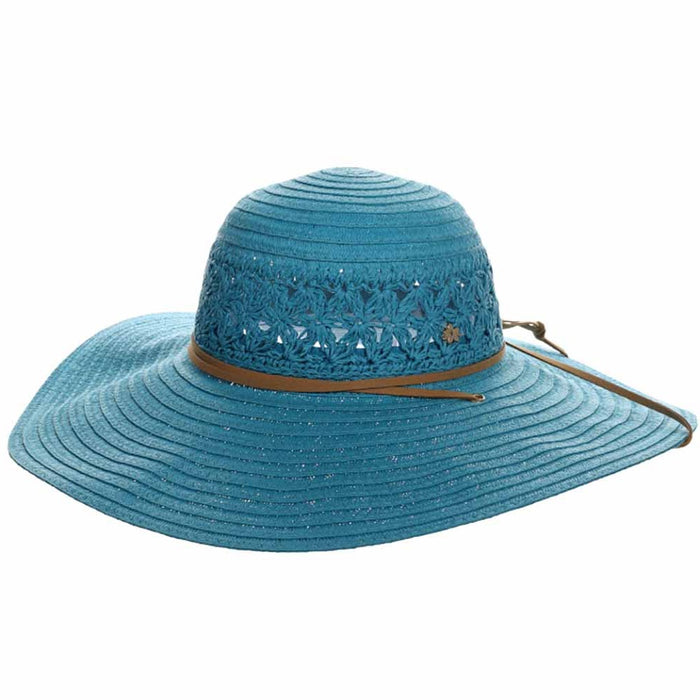Women's Straw Beach Hat with Chin Cord - Cappelli Straworld Wide Brim Sun Hat Dorfman Hat Co. CSW418-TQ Turquoise OS (57 cm)