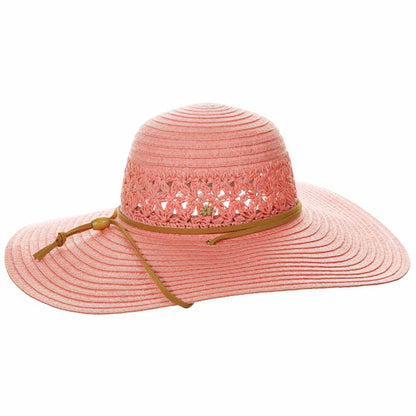 Women's Straw Beach Hat with Chin Cord - Cappelli Straworld Wide Brim Sun Hat Dorfman Hat Co. CSW418-CO Coral OS (57 cm)