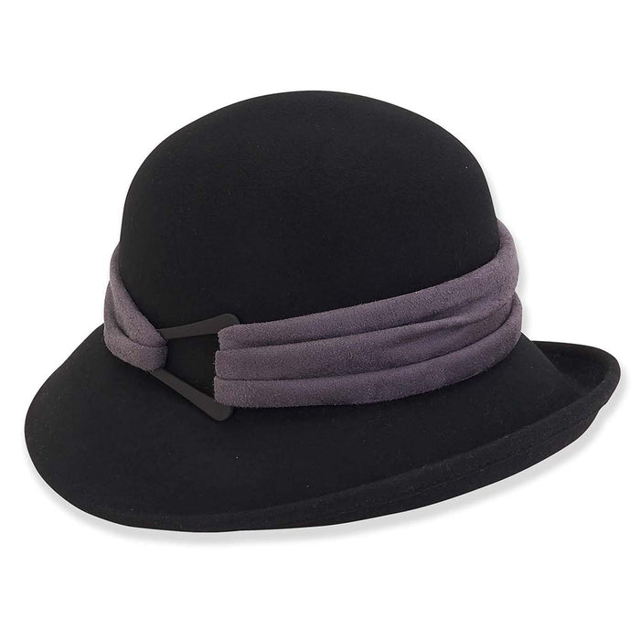 Wool Felt Cloche with Pleated Microfiber Band - Adora® Hats Cloche Adora Hats AD1292A Black M/L (58 cm)