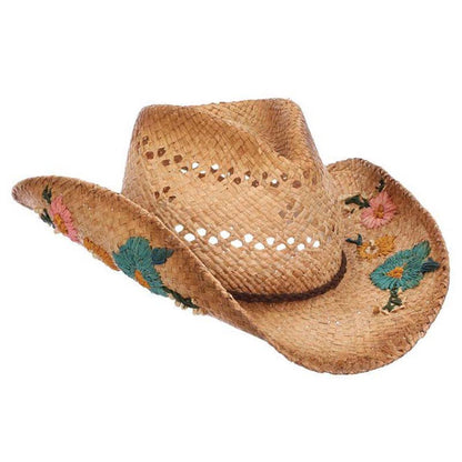 Woven Raffia Straw Cowboy Hat with Flower Embroidery - Scala Hats Cowboy Hat Scala Hats LR773 Tea OS (57 cm)