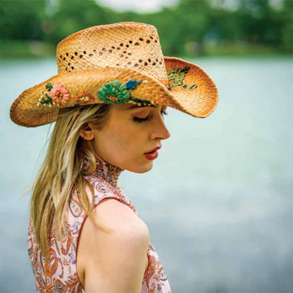 Woven Raffia Straw Cowboy Hat with Flower Embroidery - Scala Hats Cowboy Hat Scala Hats