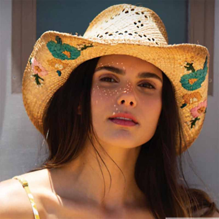 Woven Raffia Straw Cowboy Hat with Flower Embroidery - Scala Hats Cowboy Hat Scala Hats