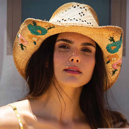 Woven Raffia Straw Cowboy Hat with Flower Embroidery - Scala Hats Cowboy Hat Scala Hats
