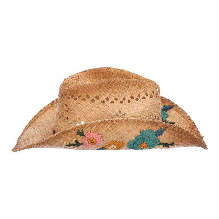 Woven Raffia Straw Cowboy Hat with Flower Embroidery - Scala Hats Cowboy Hat Scala Hats