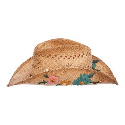Woven Raffia Straw Cowboy Hat with Flower Embroidery - Scala Hats Cowboy Hat Scala Hats