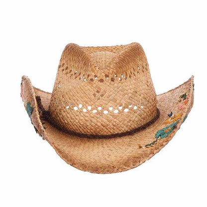 Woven Raffia Straw Cowboy Hat with Flower Embroidery - Scala Hats Cowboy Hat Scala Hats