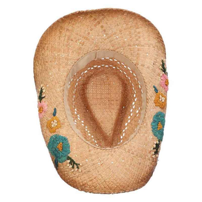 Woven Raffia Straw Cowboy Hat with Flower Embroidery - Scala Hats Cowboy Hat Scala Hats