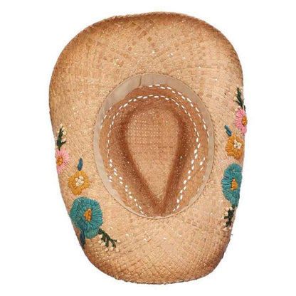 Woven Raffia Straw Cowboy Hat with Flower Embroidery - Scala Hats Cowboy Hat Scala Hats
