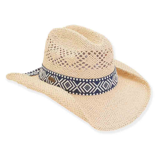 Woven Toyo Cowboy Hat with Tribal Pattern Band  - Sun 'N' Sand Hats Cowboy Hat Sun N Sand Hats HH2750A Natural M/L (58 cm)