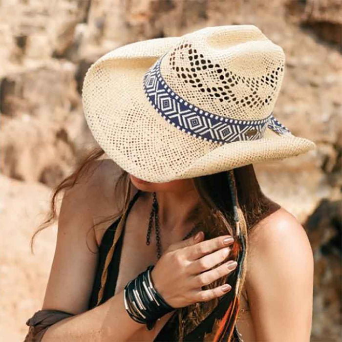 Woven Toyo Cowboy Hat with Tribal Pattern Band  - Sun 'N' Sand Hats Cowboy Hat Sun N Sand Hats