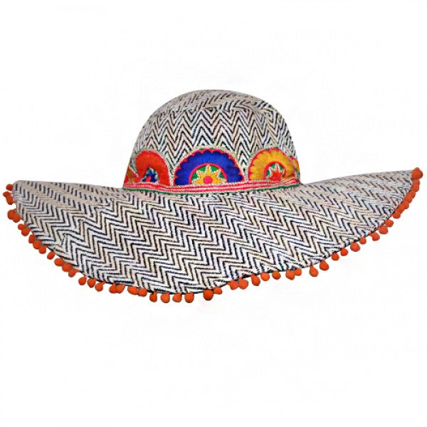 Zig Zag Woven Bohemian Hat with Pom Pom Brim  - America and Beyond Wide Brim Hat America and Beyond