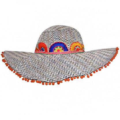 Zig Zag Woven Bohemian Hat with Pom Pom Brim  - America and Beyond Wide Brim Hat America and Beyond