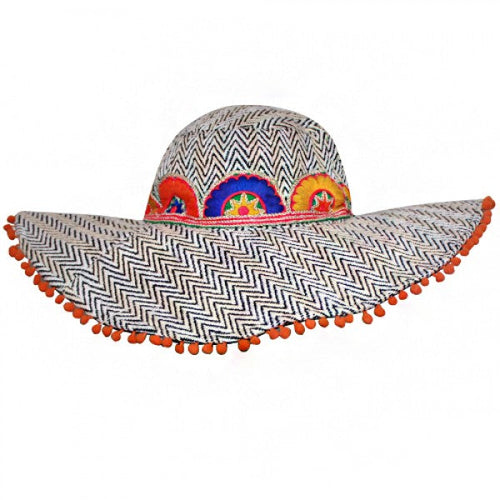 Zig Zag Woven Bohemian Hat with Pom Pom Brim  - America and Beyond Wide Brim Hat America and Beyond
