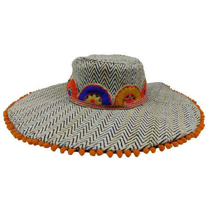 Zig Zag Woven Bohemian Hat with Pom Pom Brim  - America and Beyond Wide Brim Hat America and Beyond  Black / White OS